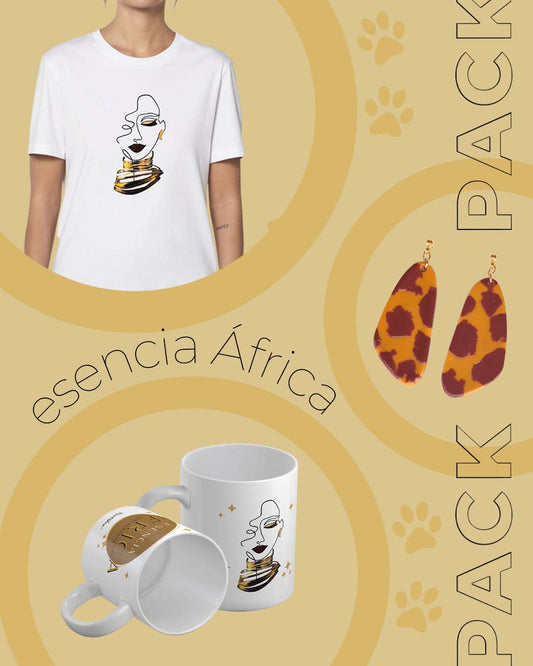 Oferta pack esencia África Subsahariana de la marca Terol&Jay. Camiseta de mujer con estampados, pendientes y tazas de café
