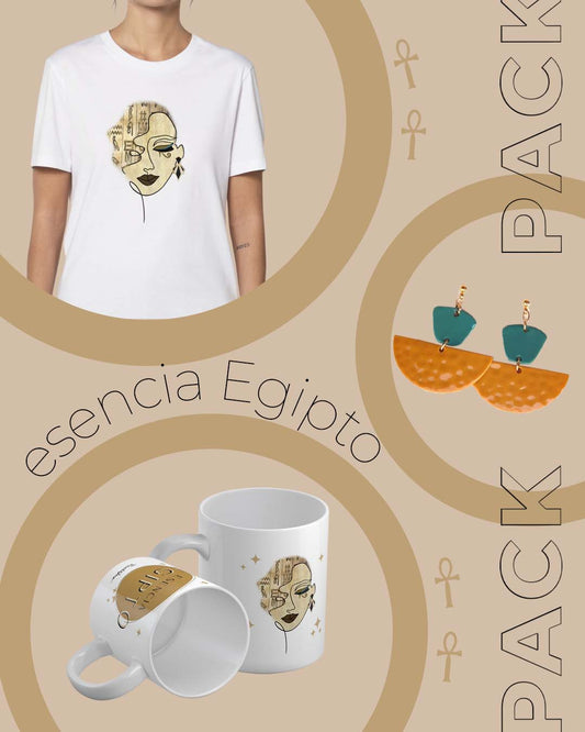 oferta pack esencia egipto. Camiseta mujer con estampados, pendientes y tazas blancas personalizadas
