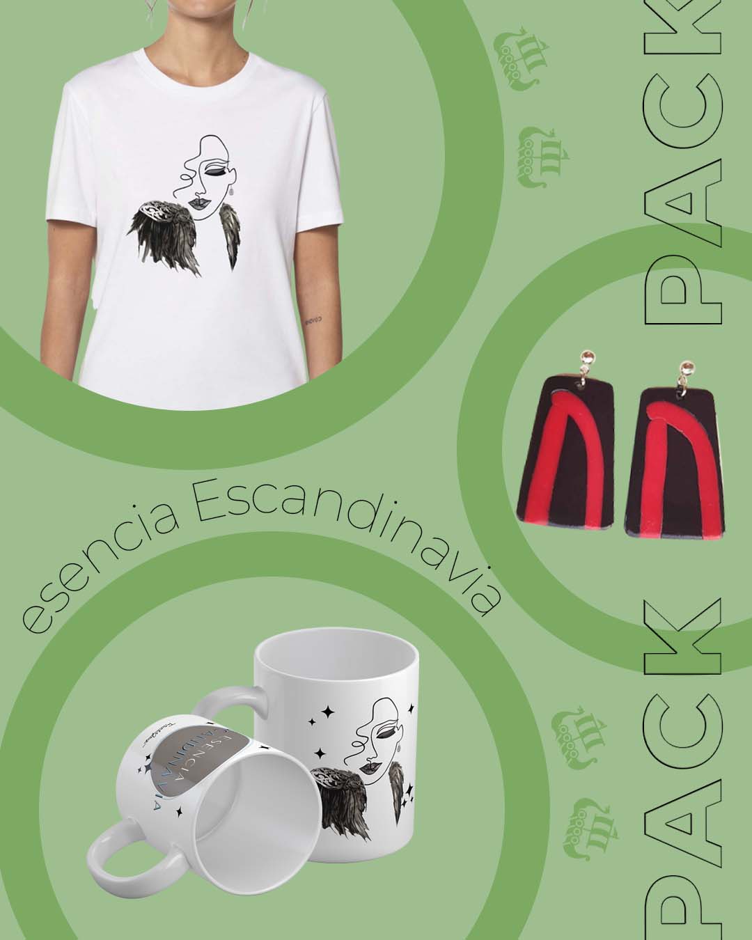 Oferta pack esencia Escandinavia. Camisetas personalizadas para mujer con pendientes y tazas personalizadas