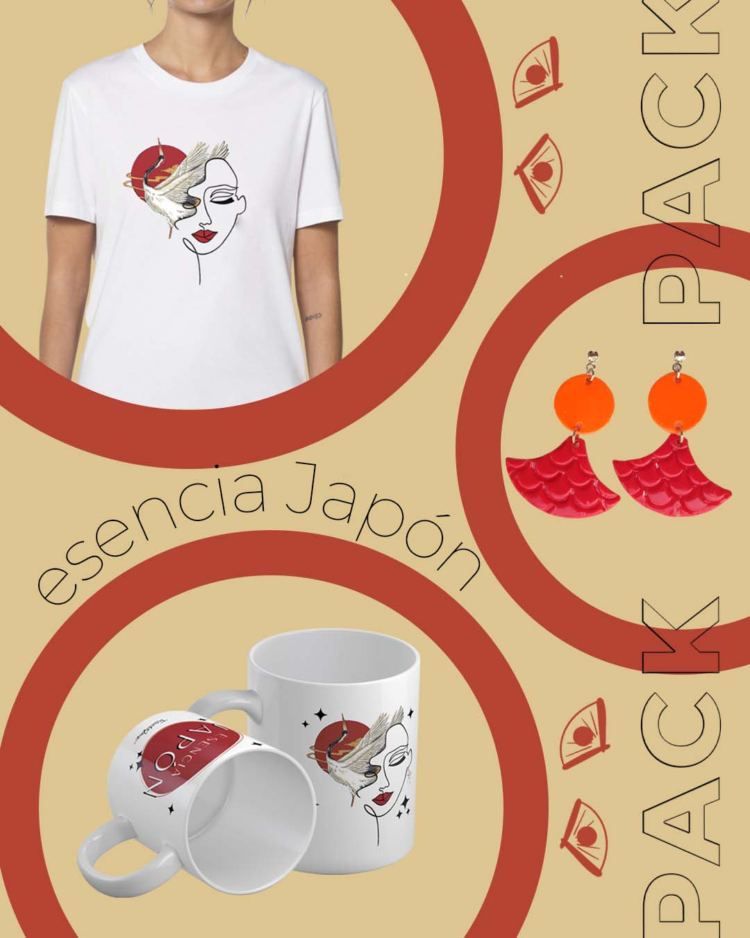 Oferta pack esencia Japón. Camisetas personalizadas con estampados de la esencia Japón con pendientes y tazas personalizadas
